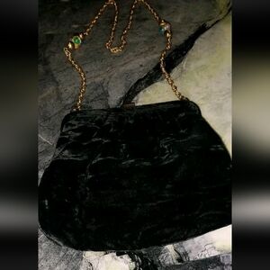 Bobbie Jerome Velvet Baguette Purse With Gemstone Gold Chain, Rare Find